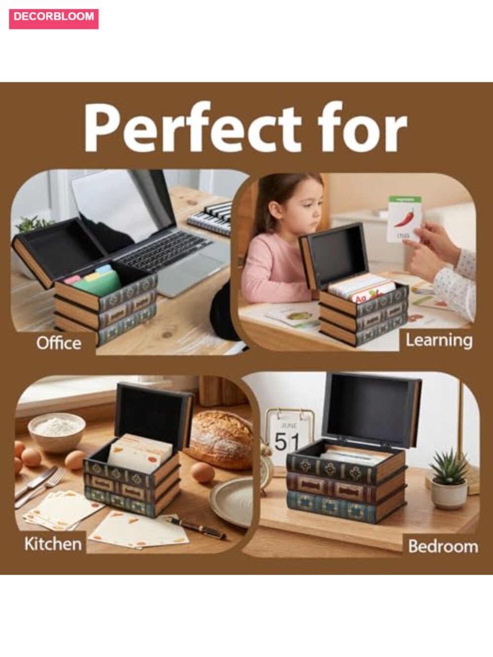 Wooden Index Card Holder 4x6 Book Shaped Vintage Desk Organizer Storage Box - Picture 5 of 6